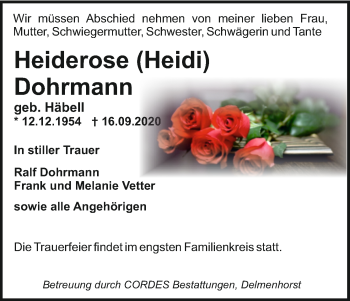Todesanzeige von Heiderose Dohrmann von trauer.de