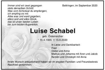 Todesanzeige von Luise Schabel von Trauer.de
