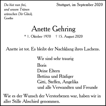 Todesanzeige von Anette Gehring von Trauer.de