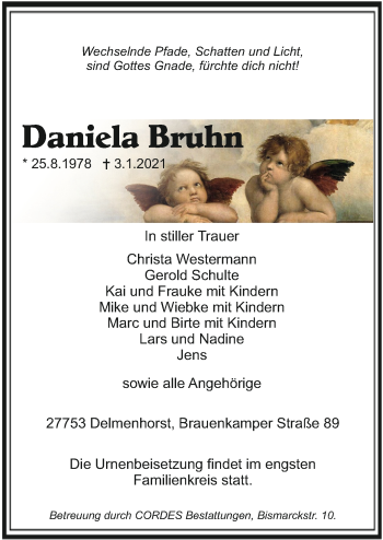 Todesanzeige von Daniela Bruhn von Trauer.de