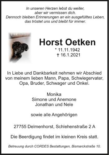 Todesanzeige von Horst Oetken von Trauer.de