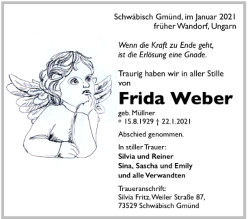  Traueranzeige für Frida Weber vom 29.01.2021 aus Trauer.de