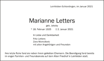 Todesanzeige von Marianne Letters von Trauer.de