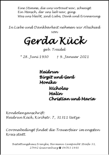 Todesanzeige von Gerda Kück von trauer.de
