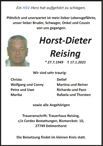 Todesanzeige von Horst-Dieter Reising von Trauer.de