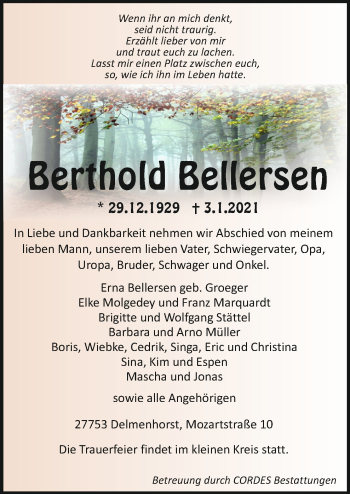 Todesanzeige von Berthold Bellersen von trauer.de