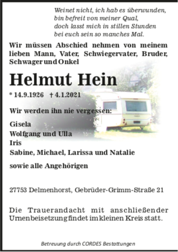 Todesanzeige von Helmut Hein von trauer.de