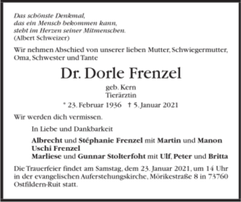 Todesanzeige von Dorle Frenzel von Trauer.de