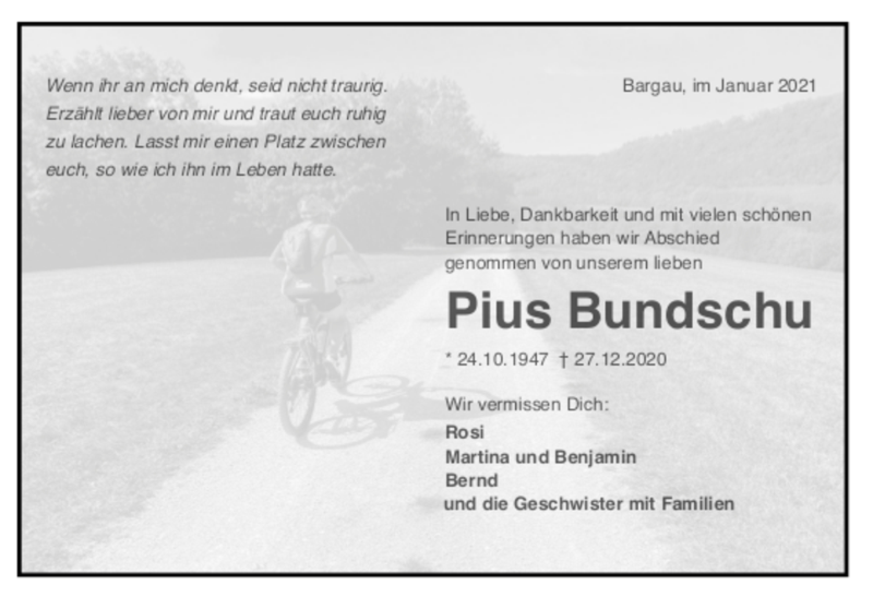  Traueranzeige für Pius Bundschu vom 07.01.2021 aus trauer.de