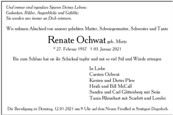 Todesanzeige von Renate Ochwat von Trauer.de