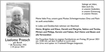 Todesanzeige von Liselotte Pretsch von Trauer.de