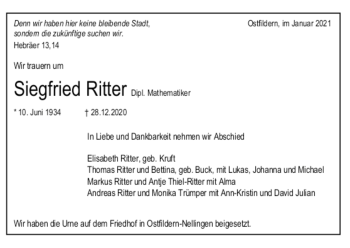 Todesanzeige von Siegfried Ritter von trauer.de