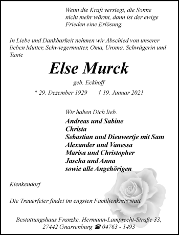 Todesanzeige von Else Murck von trauer.de