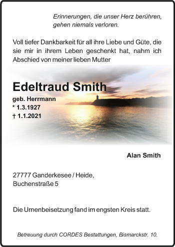 Todesanzeige von Edeltraud Smith von Trauer.de