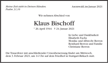 Todesanzeige von Klaus Bischoff 