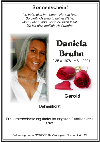 Todesanzeige von Daniela Bruhn von Trauer.de