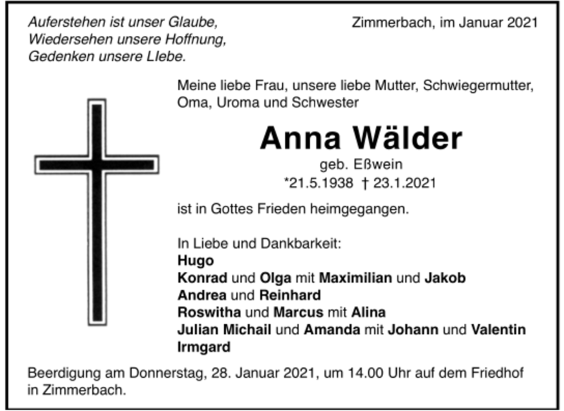  Traueranzeige für Anna Wälder vom 27.01.2021 aus Trauer.de