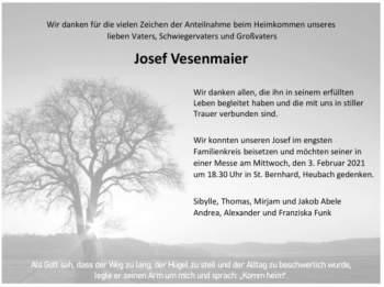Todesanzeige von Josef Vesenmaier von TRAUER.DE