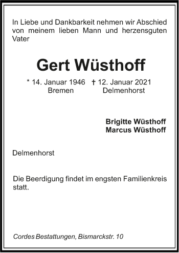 Todesanzeige von Gert Wüsthoff von trauer.de