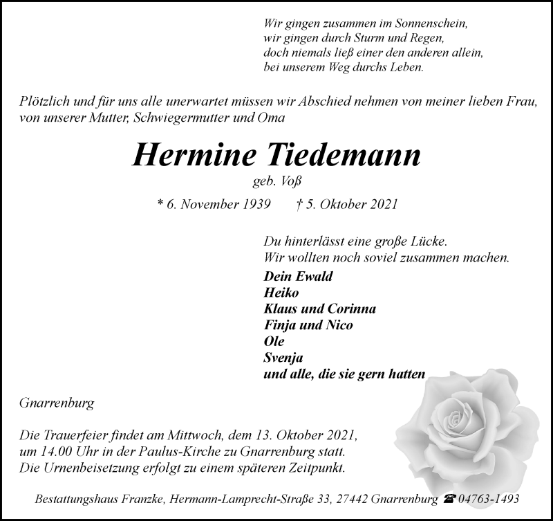  Traueranzeige für Hermine Tiedemann vom 09.10.2021 aus Trauer.de