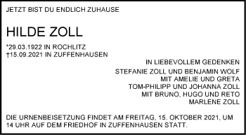 Todesanzeige von Hilde Zoll von Trauer.de