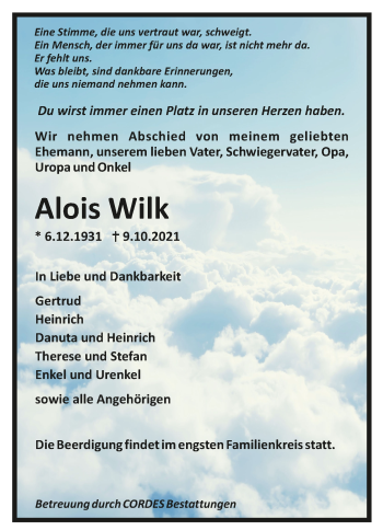 Todesanzeige von Alois Wilk von Trauer.de