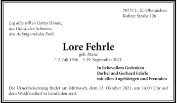 Todesanzeige von Lore Fehrle von Trauer.de