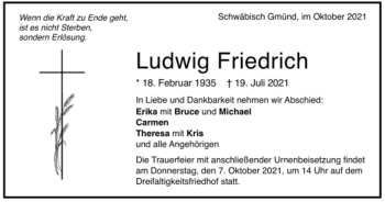 Todesanzeige von Ludwig Friedrich von Trauer.de