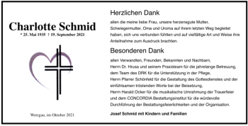 Todesanzeige von Charlotte Schmid von Trauer.de