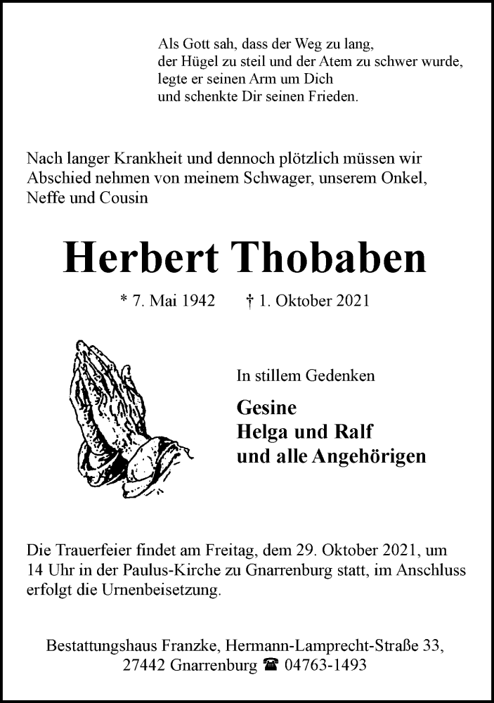  Traueranzeige für Herbert Thobaben vom 09.10.2021 aus Trauer.de
