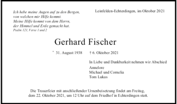Todesanzeige von Gerhard Fischer von trauer.de