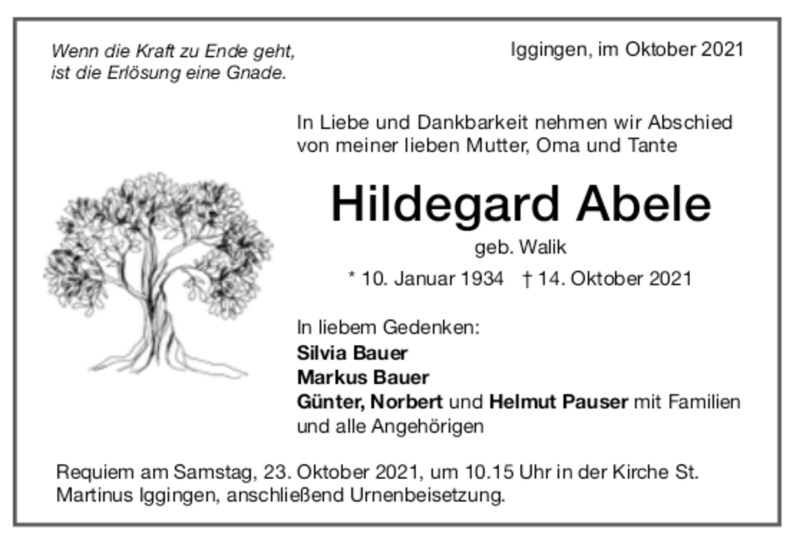  Traueranzeige für Hildegard Abele vom 21.10.2021 aus trauer.de