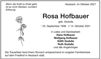 Todesanzeige von Rosa Hofbauer von Trauer.de