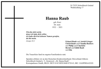 Todesanzeige von Hanna Raub von Trauer.de