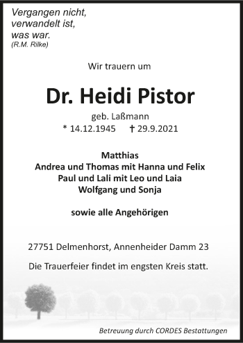 Todesanzeige von Heidi Pistor von Trauer.de