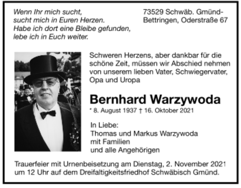  Traueranzeige für Bernhard Warzywoda vom 28.10.2021 aus Trauer.de