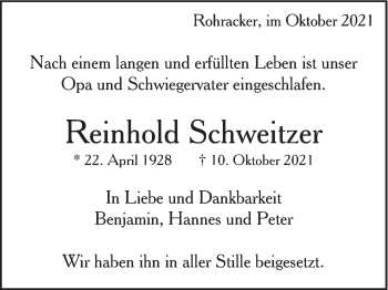 Todesanzeige von Reinhold Schweitzer von trauer.de