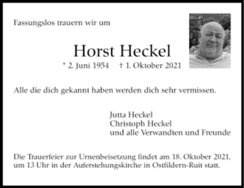 Todesanzeige von Horst Heckel von Trauer.de