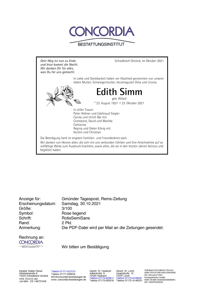  Traueranzeige für Edith Simm vom 30.10.2021 aus trauer.de