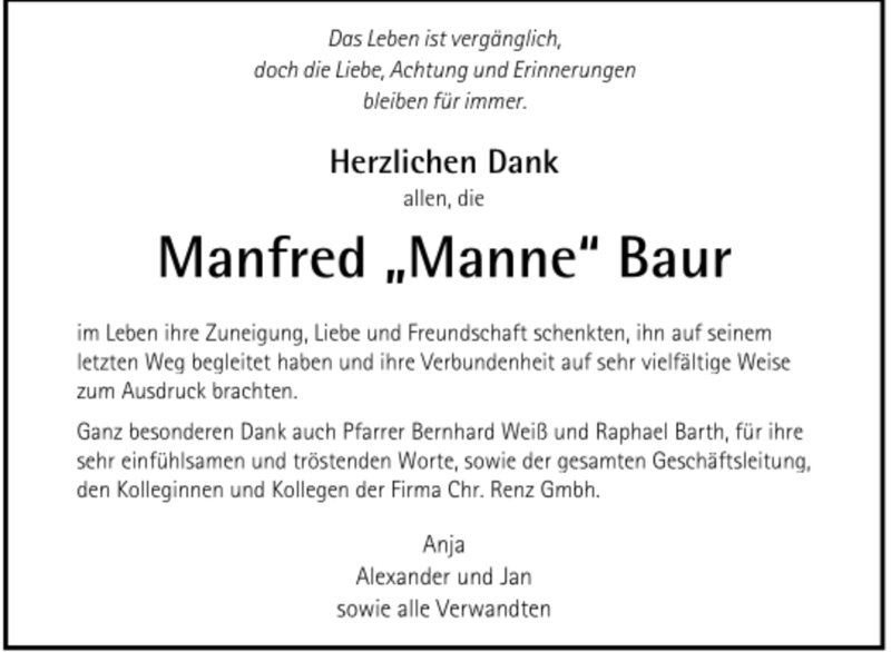 Traueranzeige für Manfred Baur vom 06.10.2021 aus Trauer.de