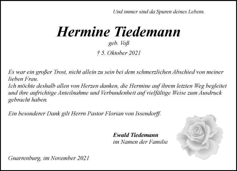  Traueranzeige für Hermine Tiedemann vom 13.11.2021 aus Trauer.de 