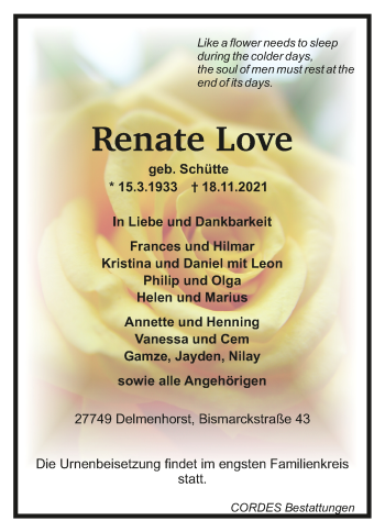 Todesanzeige von Renate Love von trauer.de