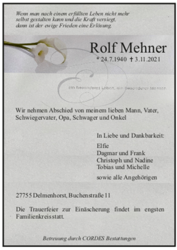 Todesanzeige von Rolf Mehner von trauer.de