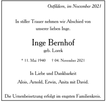 Todesanzeige von Inge Bernhof von Trauer.de