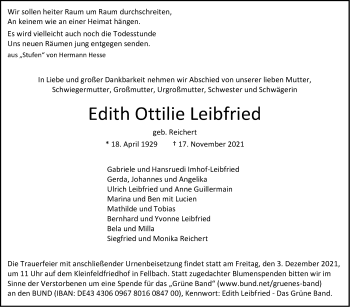 Todesanzeige von Edith Ottilie Leibfried von Trauer.de