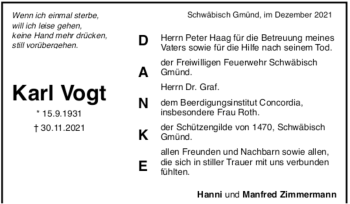 Todesanzeige von Karl Vogt von trauer.de