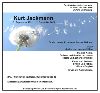 Todesanzeige von Kurt Jackmann von Trauer.de