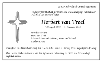 Todesanzeige von Herbert van Treel von trauer.de