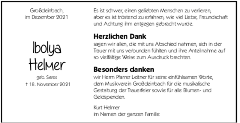  Traueranzeige für Ibolya Helmer vom 04.12.2021 aus Trauer.de