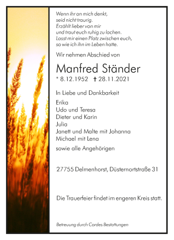 Todesanzeige von Manfred Ständer von trauer.de